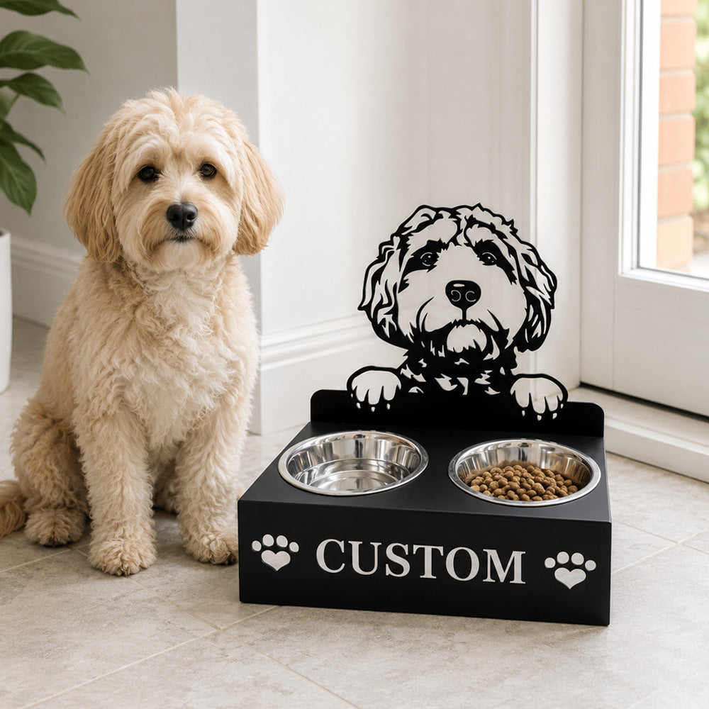 Personalized golden doodle metal dog bowl stand with custom name cutout and two removable feeding bowls