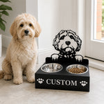 Personalized golden doodle metal dog bowl stand with custom name cutout and two removable feeding bowls