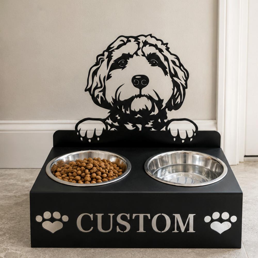Personalized golden doodle metal dog bowl stand with custom name cutout and two removable feeding bowls