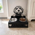 Personalized golden doodle metal dog bowl stand with custom name cutout and two removable feeding bowls