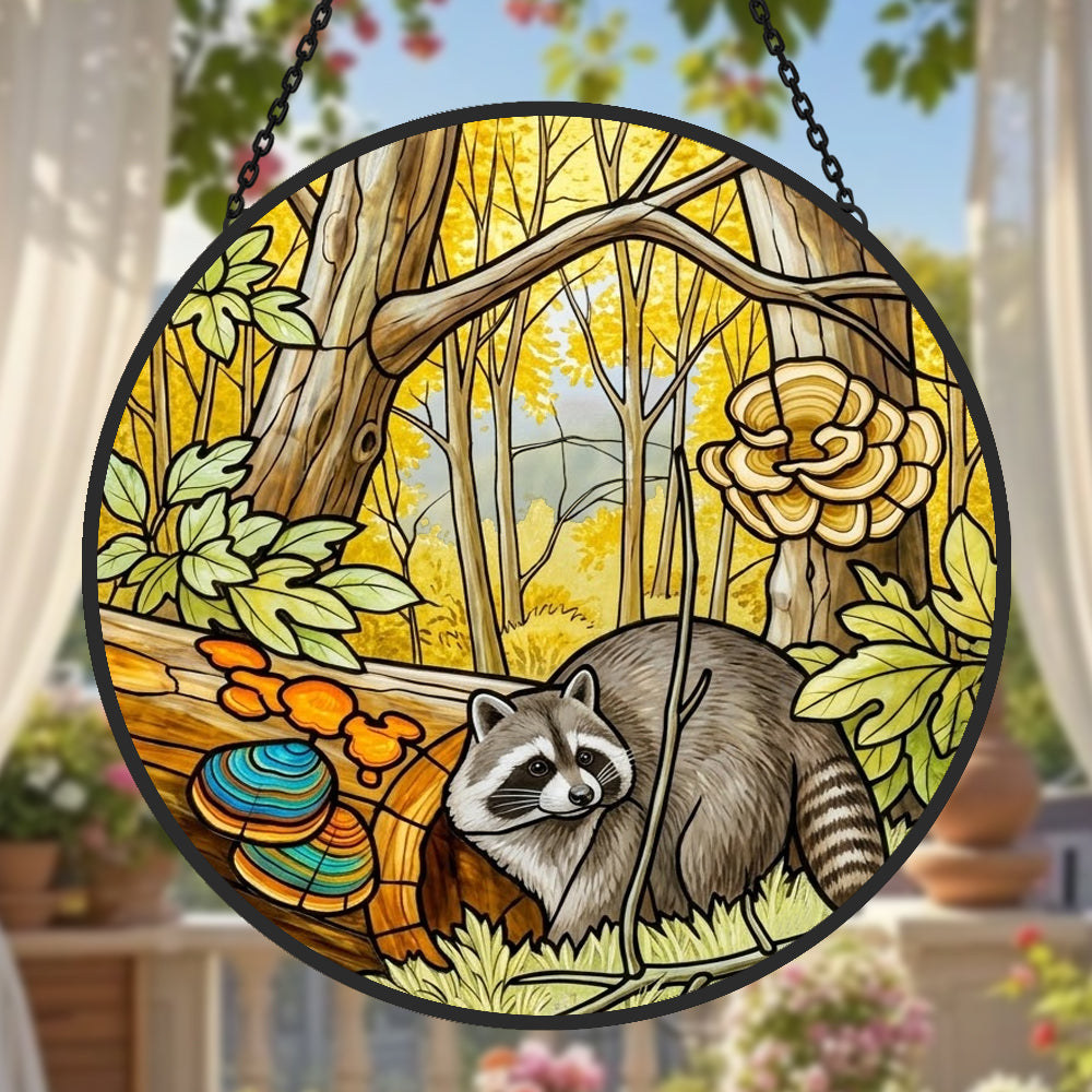 Golden forest mushroom raccoon stained glass suncatcher window hanging, suitable for home and garden decoration