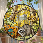 Golden forest mushroom raccoon stained glass suncatcher window hanging, suitable for home and garden decoration