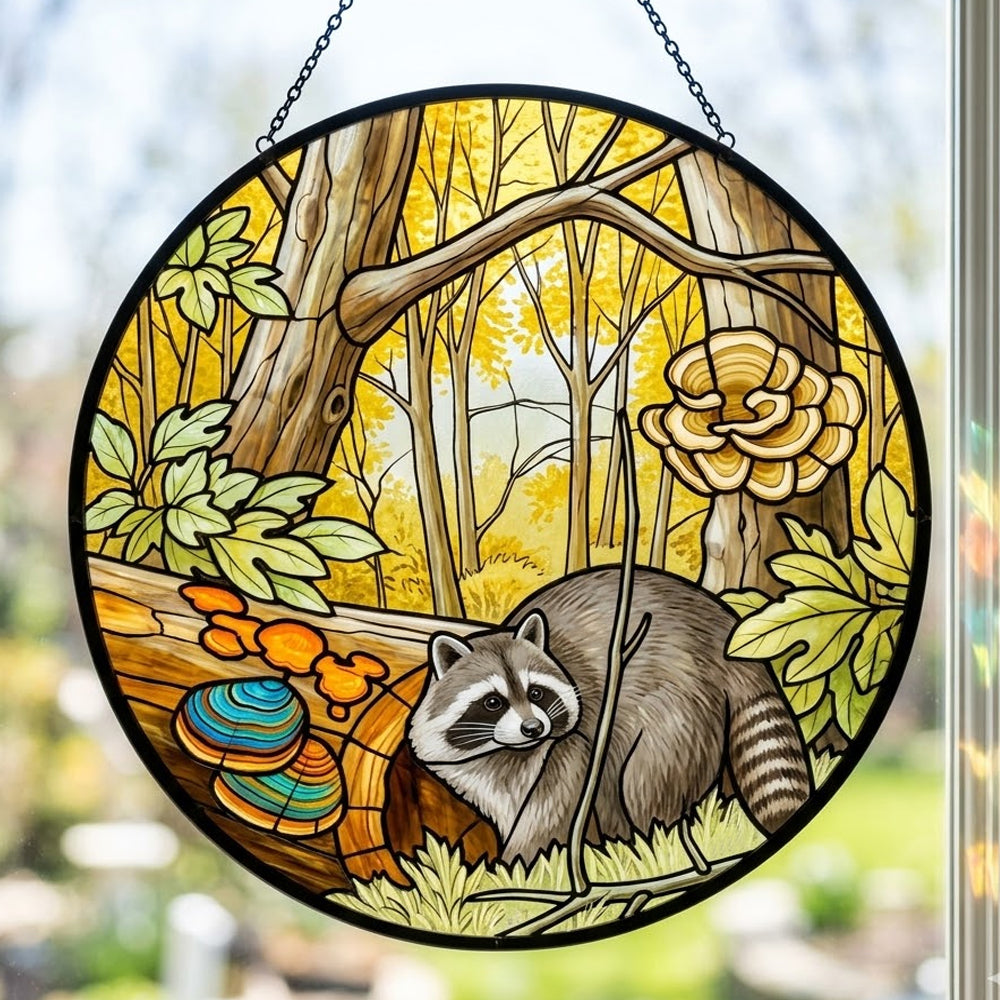 Golden forest mushroom raccoon stained glass suncatcher window hanging, suitable for home and garden decoration