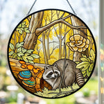 Golden forest mushroom raccoon stained glass suncatcher window hanging, suitable for home and garden decoration