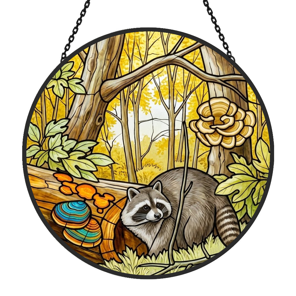 Golden forest mushroom raccoon stained glass suncatcher window hanging, suitable for home and garden decoration