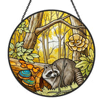 Golden forest mushroom raccoon stained glass suncatcher window hanging, suitable for home and garden decoration