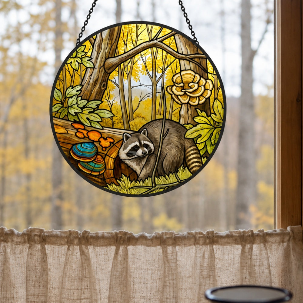 Golden forest mushroom raccoon stained glass suncatcher window hanging, suitable for home and garden decoration