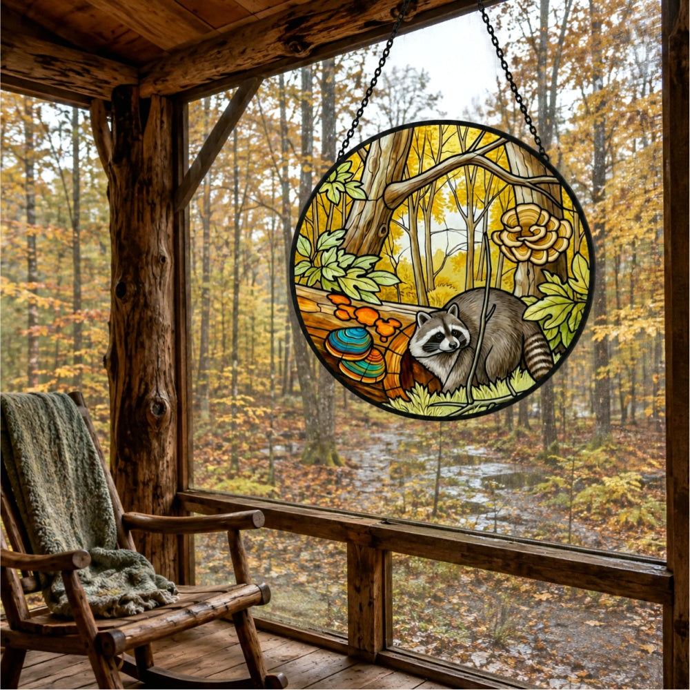Golden forest mushroom raccoon stained glass suncatcher window hanging, suitable for home and garden decoration