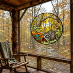 Golden forest mushroom raccoon stained glass suncatcher window hanging, suitable for home and garden decoration