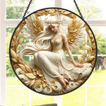 Golden guardian angel stained glass suncatcher window hanging, suitable for home and garden decoration