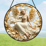 Golden guardian angel stained glass suncatcher window hanging, suitable for home and garden decoration