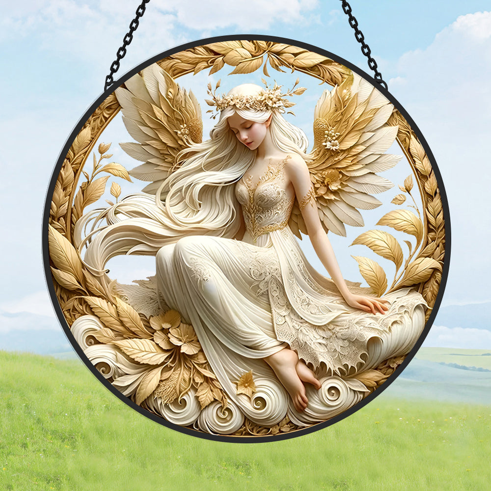 Golden guardian angel stained glass suncatcher window hanging, suitable for home and garden decoration