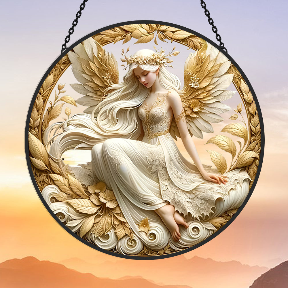 Golden guardian angel stained glass suncatcher window hanging, suitable for home and garden decoration