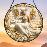 Golden guardian angel stained glass suncatcher window hanging, suitable for home and garden decoration