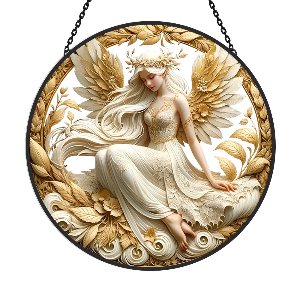 Golden guardian angel stained glass suncatcher window hanging, suitable for home and garden decoration