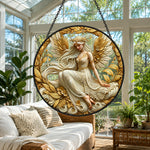 Golden guardian angel stained glass suncatcher window hanging, suitable for home and garden decoration