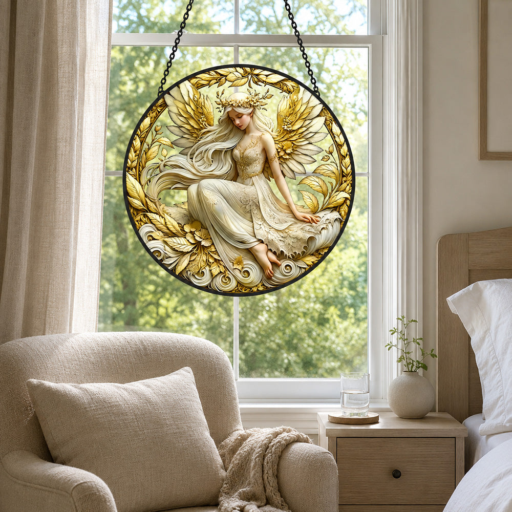 Golden guardian angel stained glass suncatcher window hanging, suitable for home and garden decoration