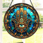 Golden hamsa hand evil eye stained glass suncatcher window hanging, suitable for home and garden decoration