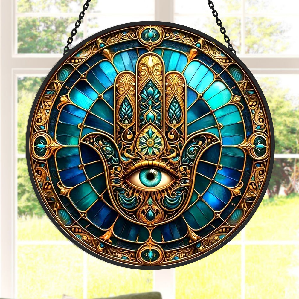 Golden hamsa hand evil eye stained glass suncatcher window hanging, suitable for home and garden decoration