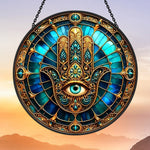 Golden hamsa hand evil eye stained glass suncatcher window hanging, suitable for home and garden decoration