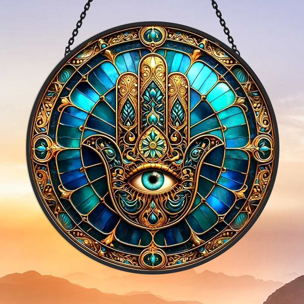 Golden hamsa hand evil eye stained glass suncatcher window hanging, suitable for home and garden decoration