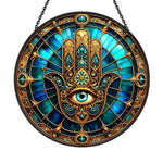 Golden hamsa hand evil eye stained glass suncatcher window hanging, suitable for home and garden decoration