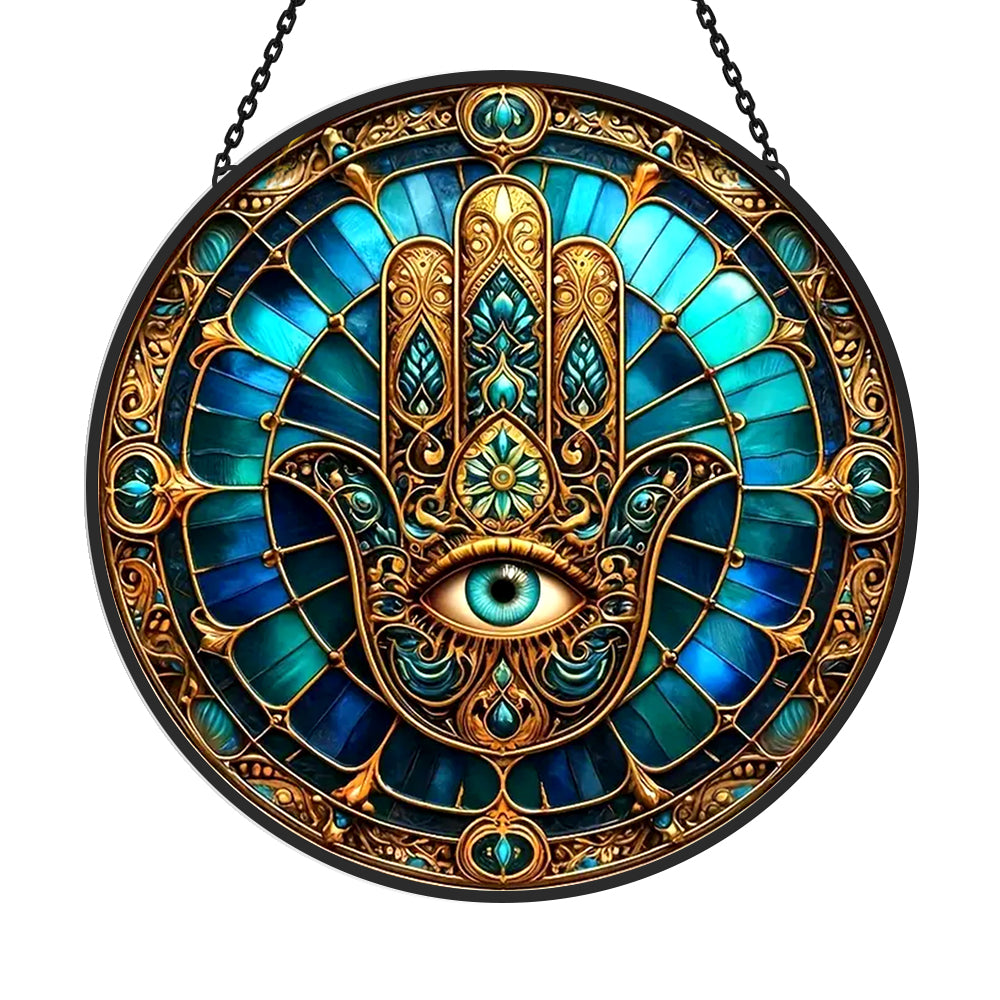 Golden hamsa hand evil eye stained glass suncatcher window hanging, suitable for home and garden decoration