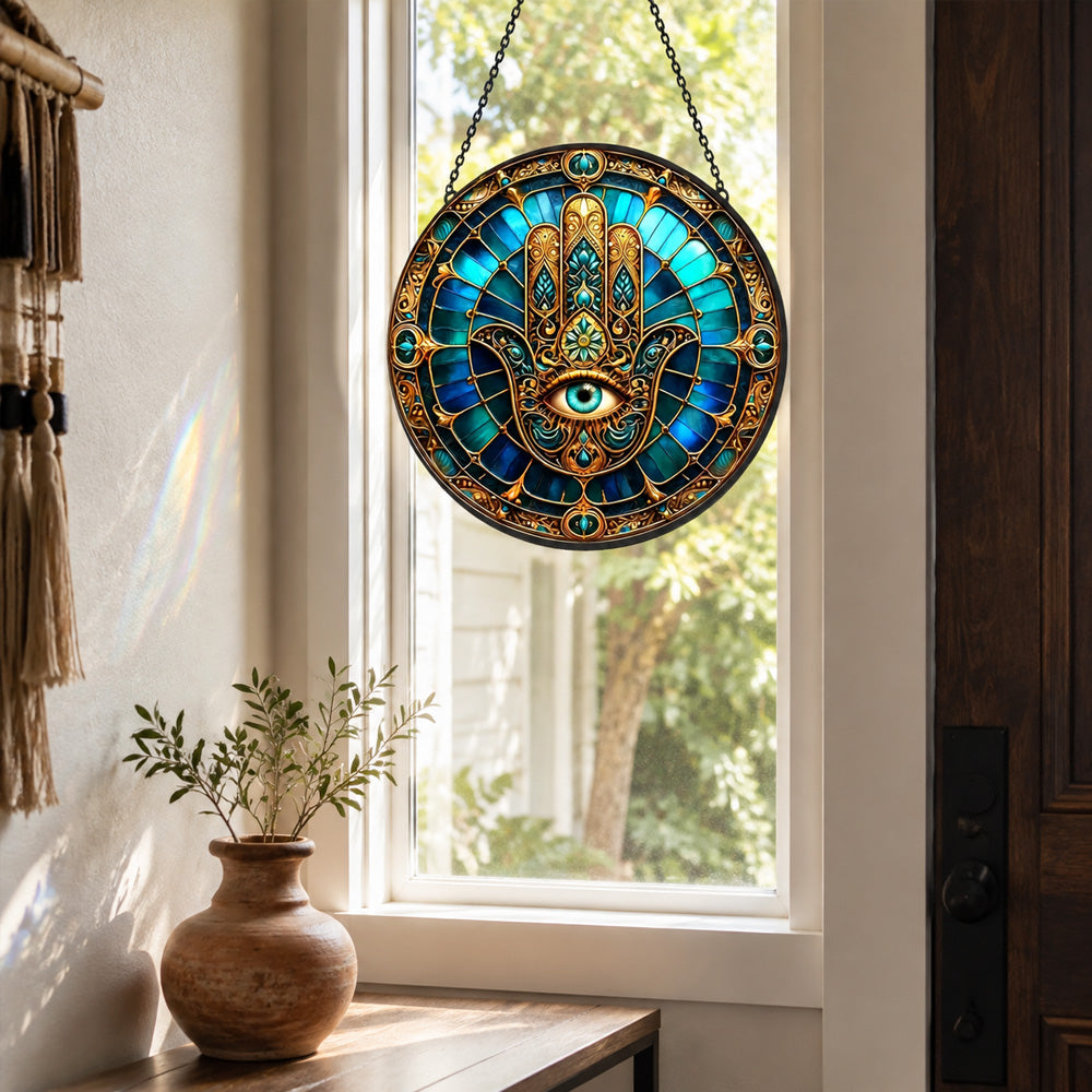 Golden hamsa hand evil eye stained glass suncatcher window hanging, suitable for home and garden decoration