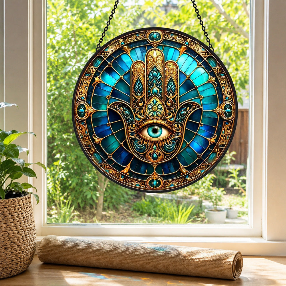 Golden hamsa hand evil eye stained glass suncatcher window hanging, suitable for home and garden decoration