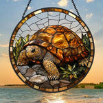 Golden land tortoise stained glass suncatcher window hanging, suitable for home and garden decoration