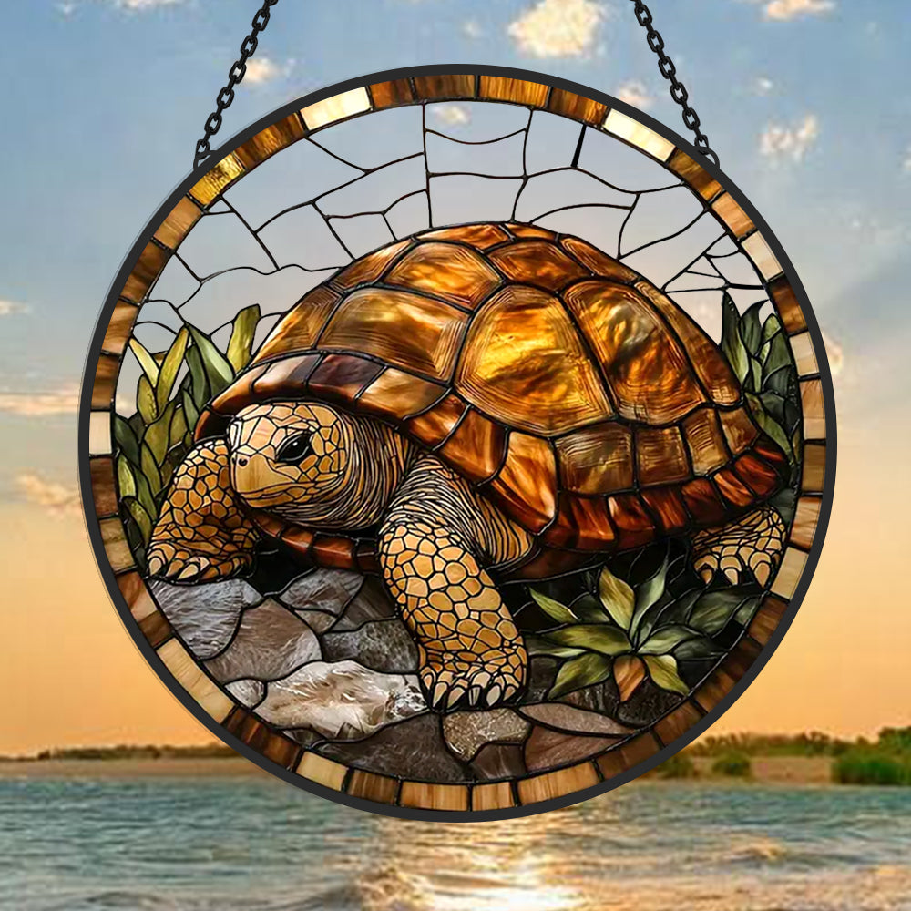 Golden land tortoise stained glass suncatcher window hanging, suitable for home and garden decoration