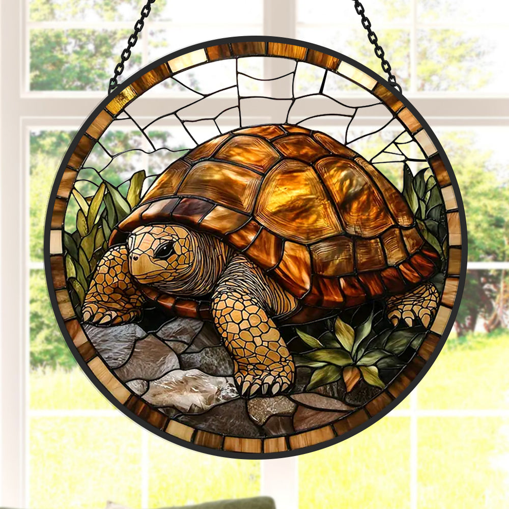 Golden land tortoise stained glass suncatcher window hanging, suitable for home and garden decoration