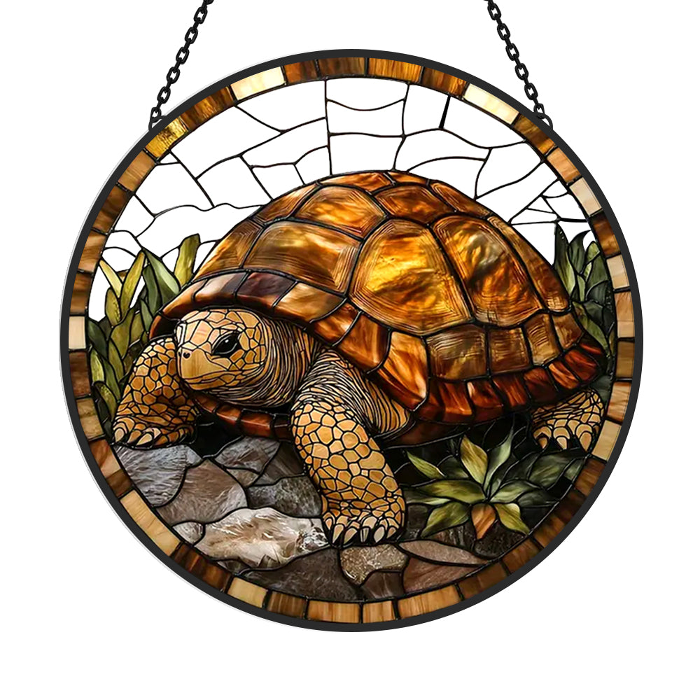 Golden land tortoise stained glass suncatcher window hanging, suitable for home and garden decoration