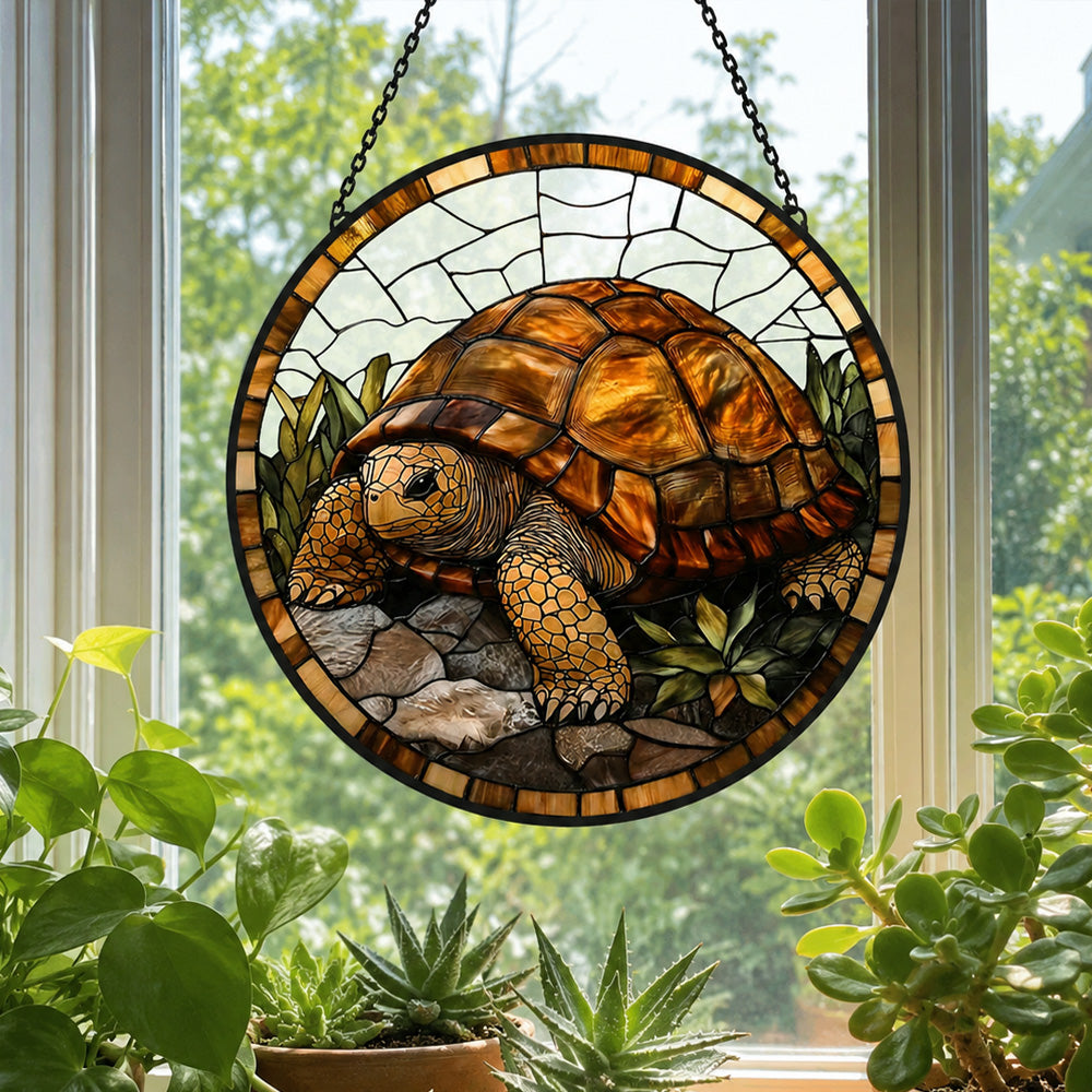 Golden land tortoise stained glass suncatcher window hanging, suitable for home and garden decoration