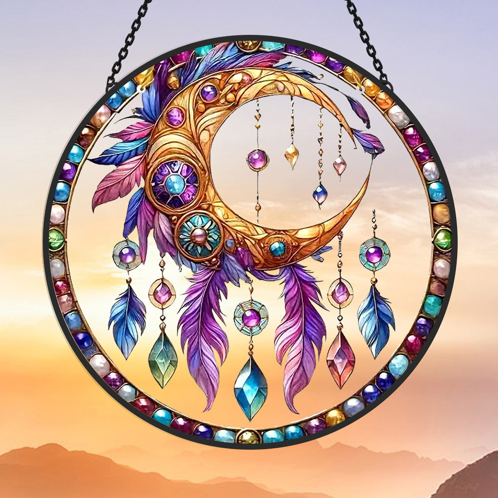 Golden moon dreamcatcher stained glass suncatcher window hanging, suitable for home and garden decoration