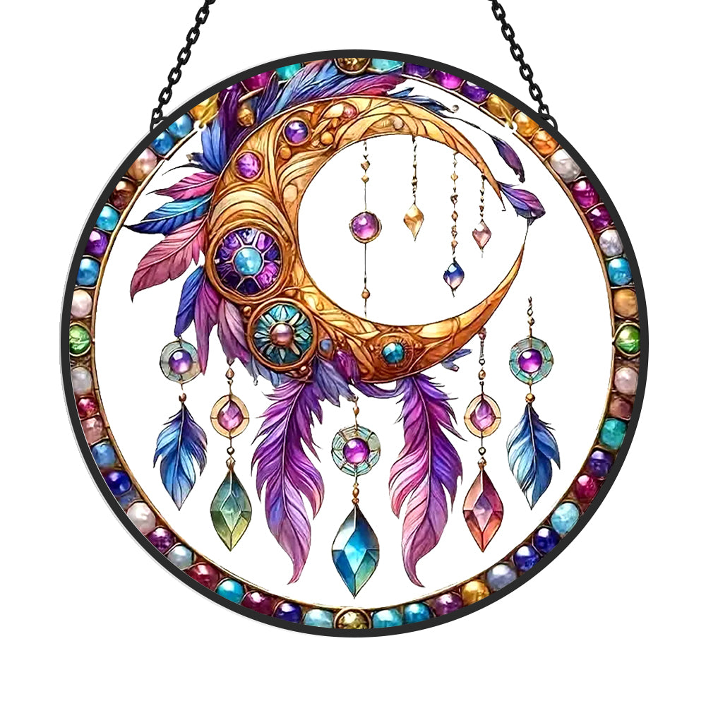 Golden moon dreamcatcher stained glass suncatcher window hanging, suitable for home and garden decoration