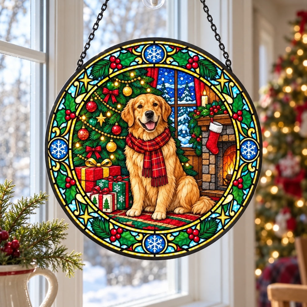 Golden retriever christmas stained glass suncatcher window hanging, suitable for home and garden decoration