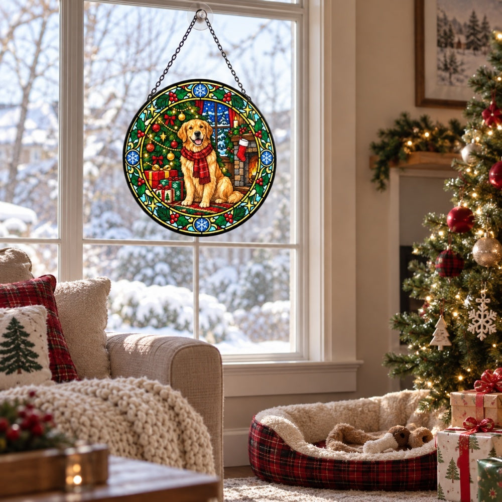 Golden retriever christmas stained glass suncatcher window hanging, suitable for home and garden decoration