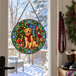 Golden retriever christmas stained glass suncatcher window hanging, suitable for home and garden decoration