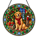 Golden retriever christmas stained glass suncatcher window hanging, suitable for home and garden decoration