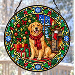 Golden retriever christmas stained glass suncatcher window hanging, suitable for home and garden decoration