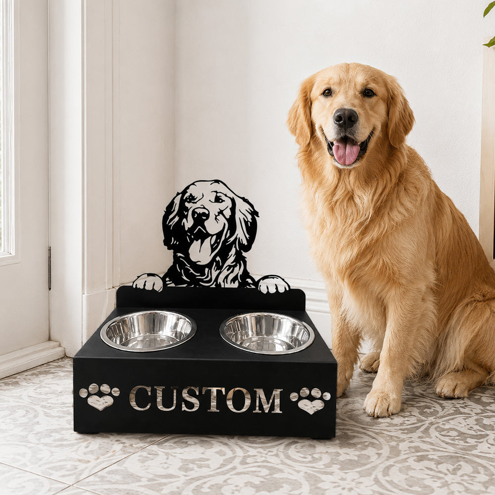 Personalized golden retriever metal dog bowl stand with custom name cutout and two removable feeding bowls