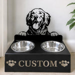 Personalized golden retriever metal dog bowl stand with custom name cutout and two removable feeding bowls