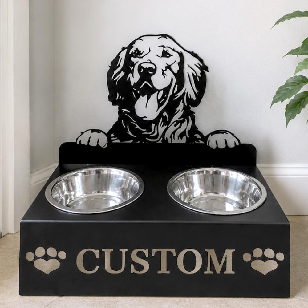Personalized golden retriever metal dog bowl stand with custom name cutout and two removable feeding bowls