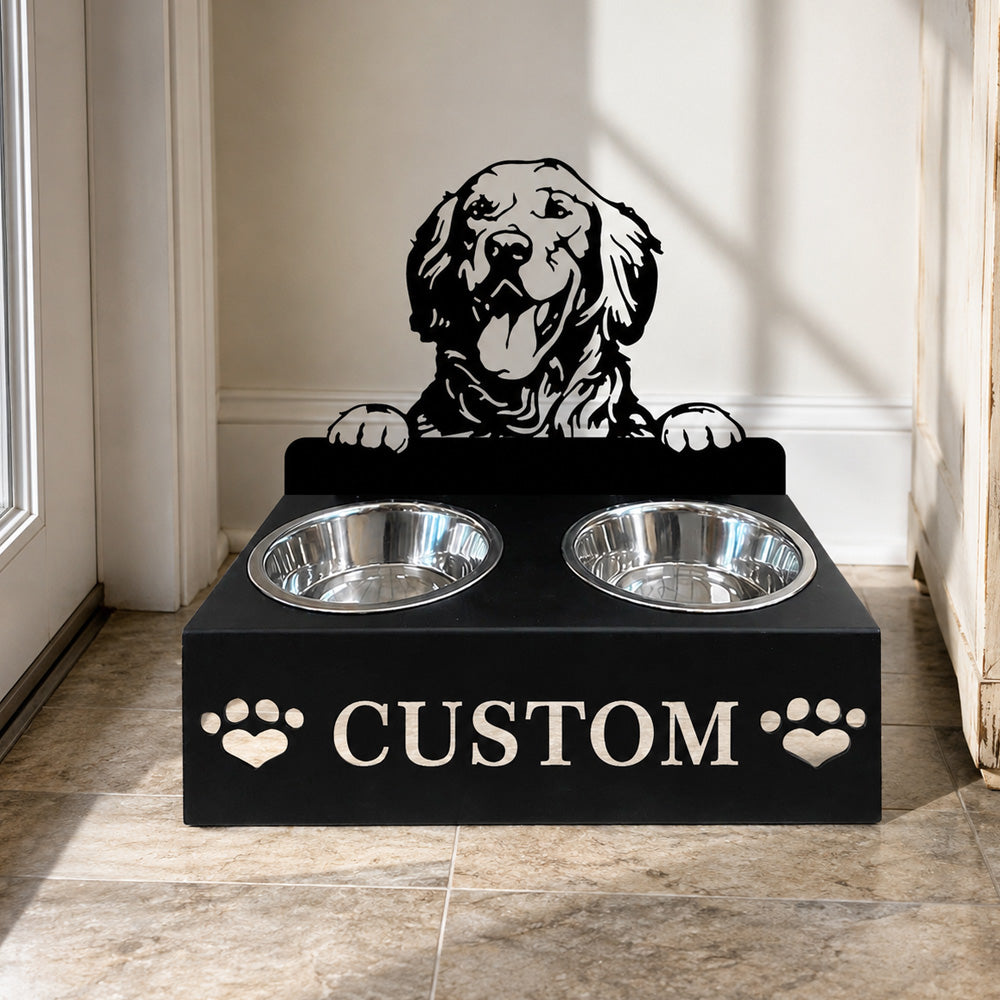 Personalized golden retriever metal dog bowl stand with custom name cutout and two removable feeding bowls
