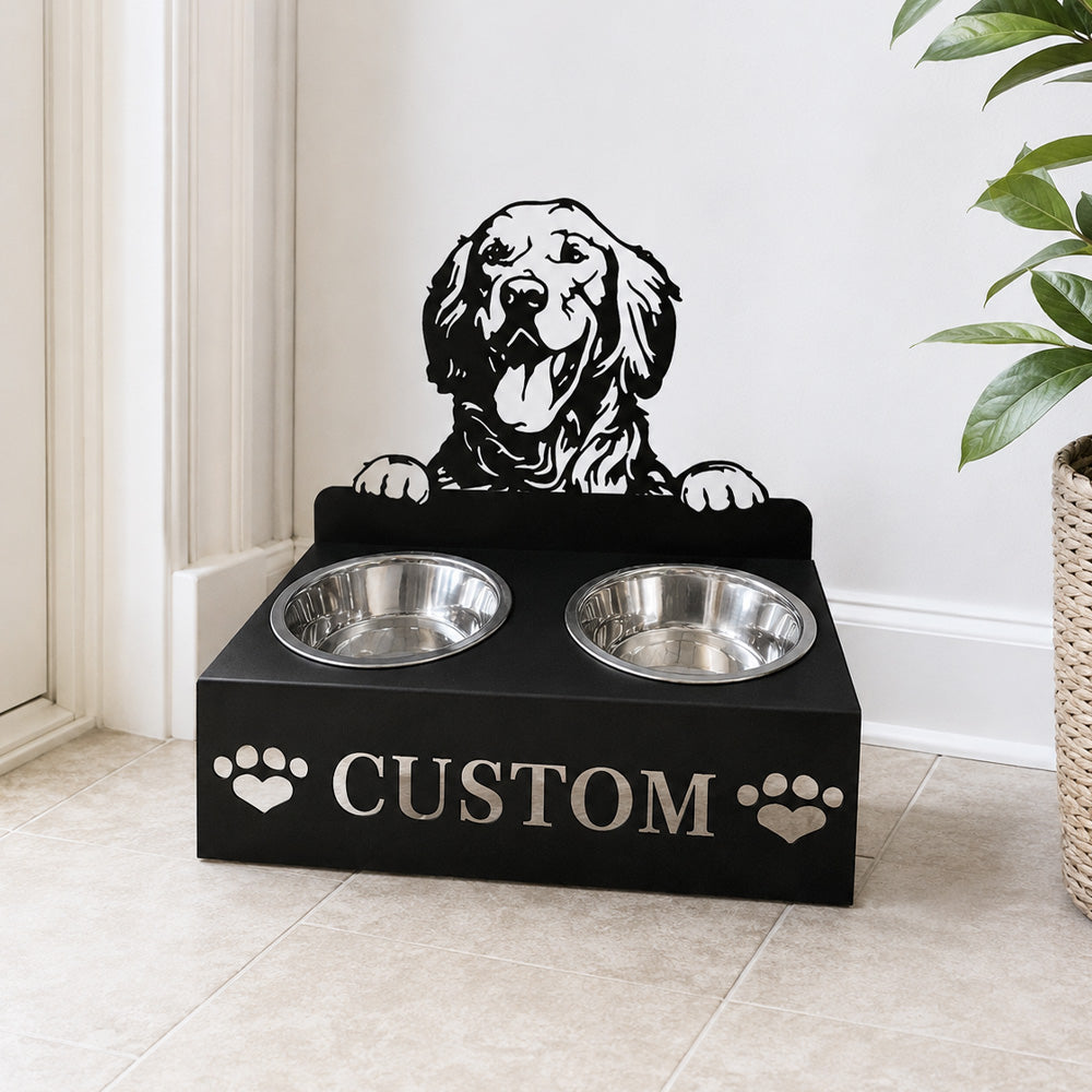 Personalized golden retriever metal dog bowl stand with custom name cutout and two removable feeding bowls