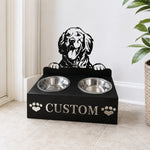 Personalized golden retriever metal dog bowl stand with custom name cutout and two removable feeding bowls