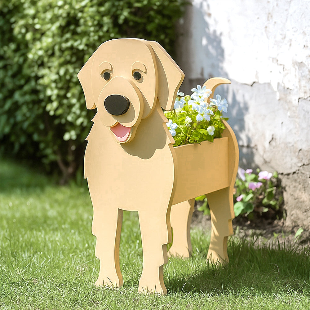 Golden Retriever dog planter filled with fresh flowers is placed in the garden