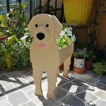 Golden Retriever dog planter filled with fresh flowers is placed in the garden