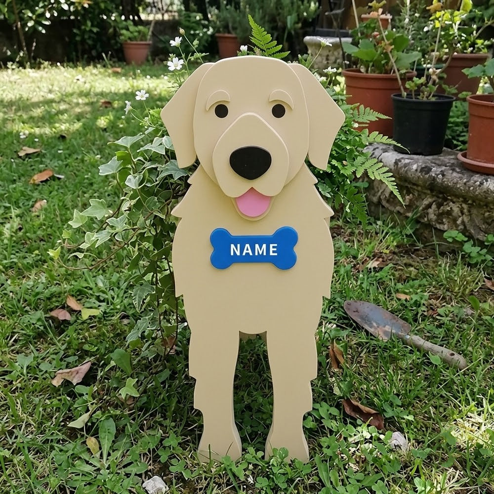 Golden Retriever dog planter filled with fresh flowers is placed in the garden